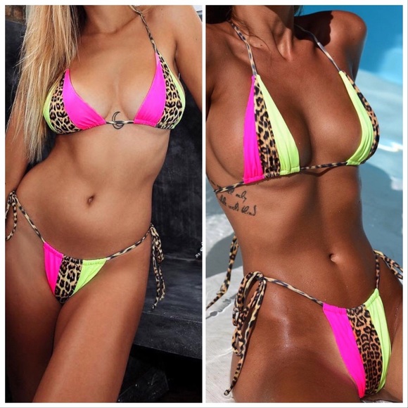 NEW‼️NEON YELLOW PINK LEOPARD PADDED- bikini - Picture 2 of 6